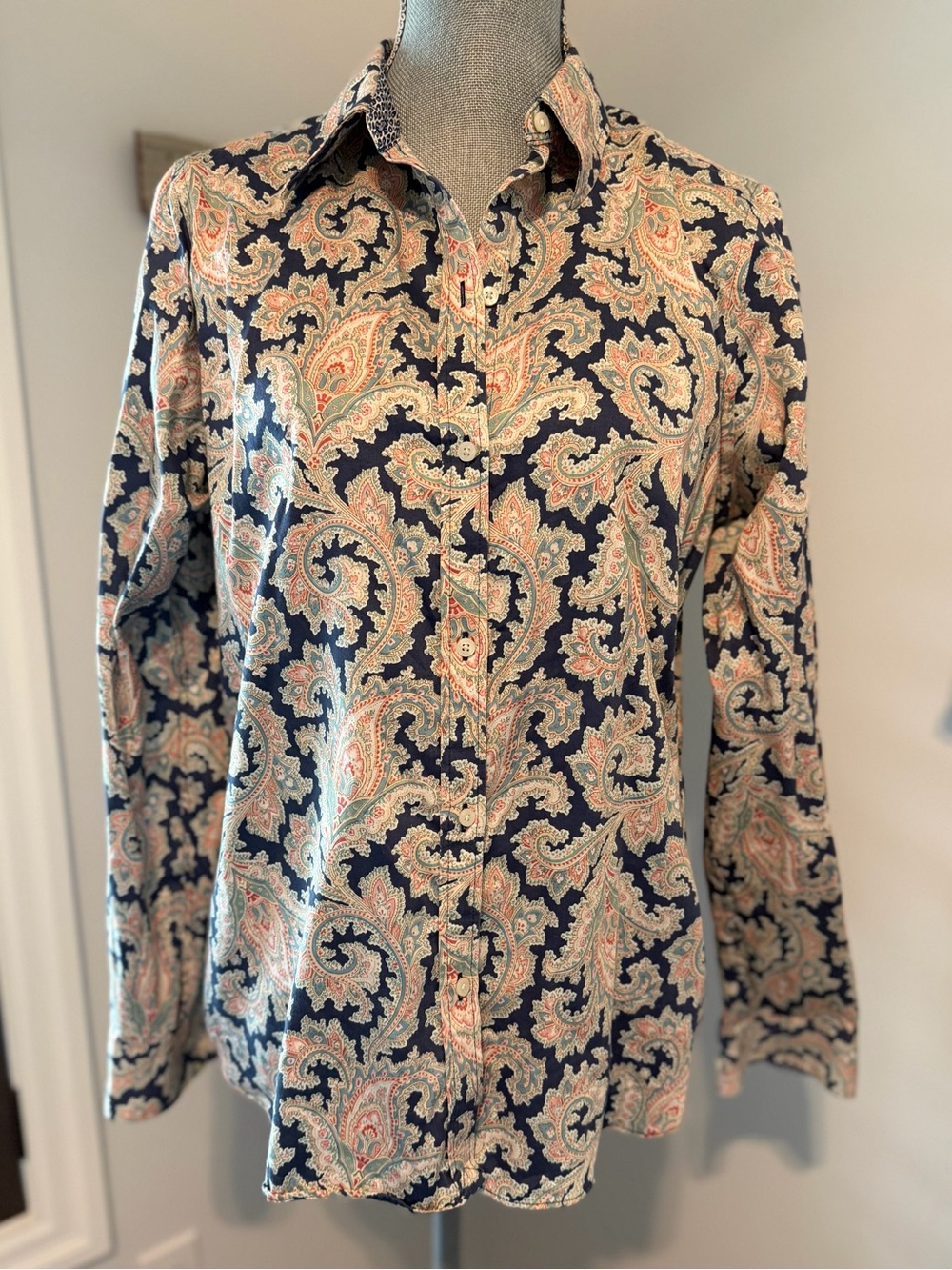 CHAPS Cotton Paisley Button Down Long Sleeve Shirt Non Iron Size L